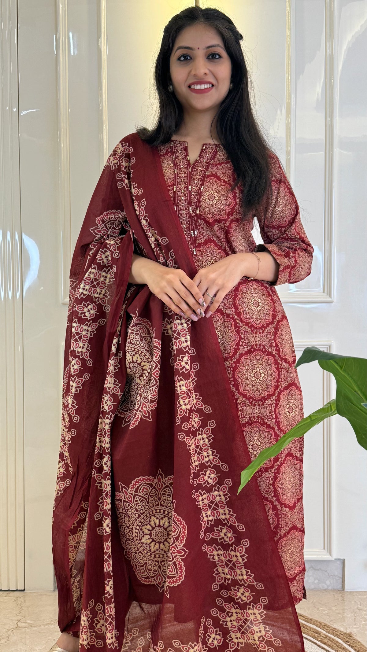 Illussion Print Red Dupatta Set