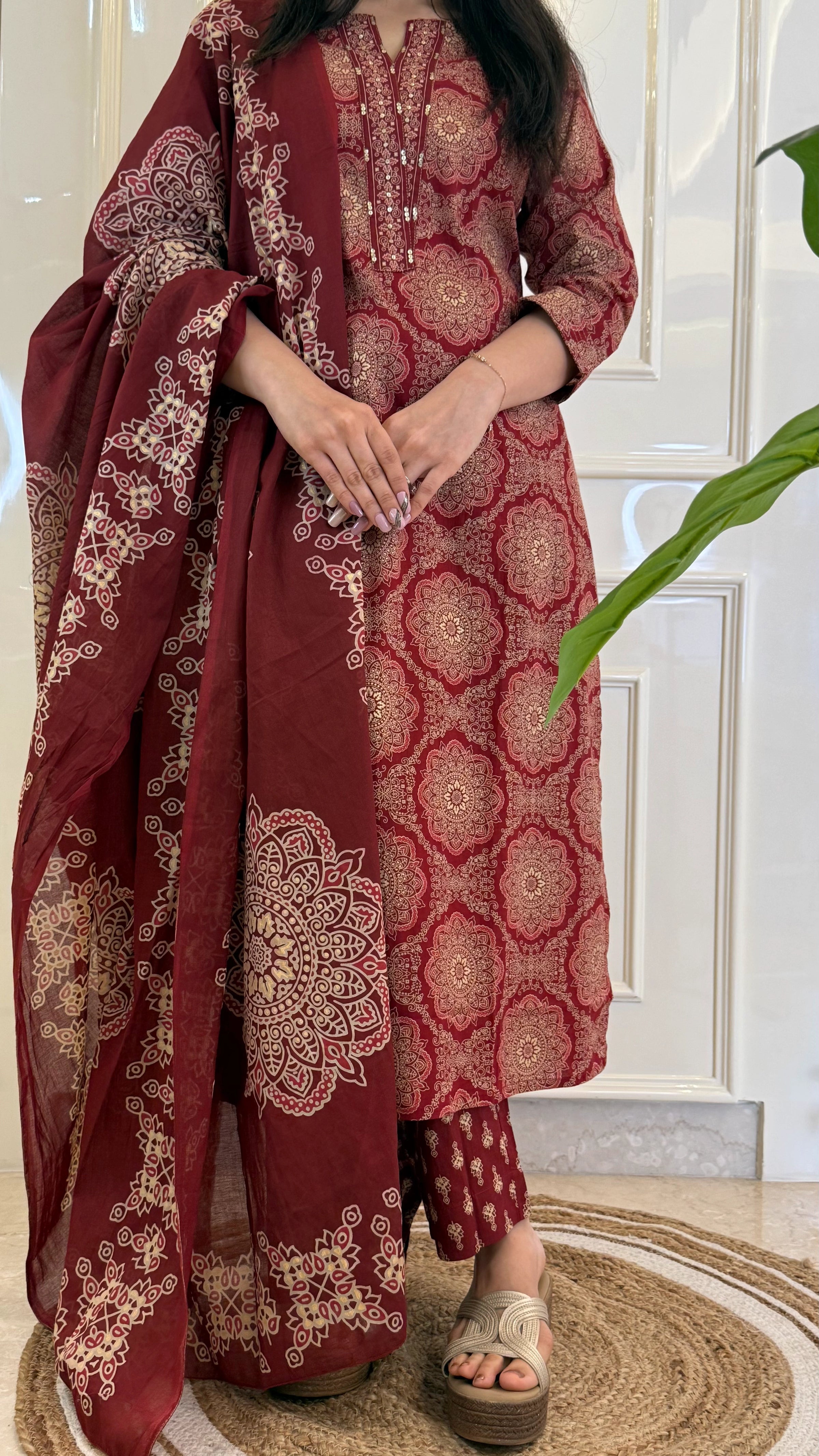 Illussion Print Red Dupatta Set