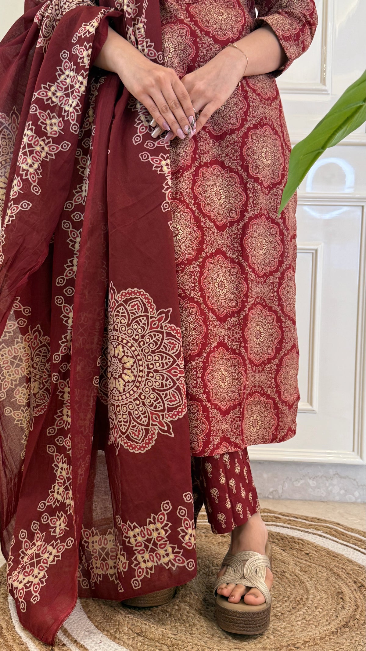Illussion Print Red Dupatta Set