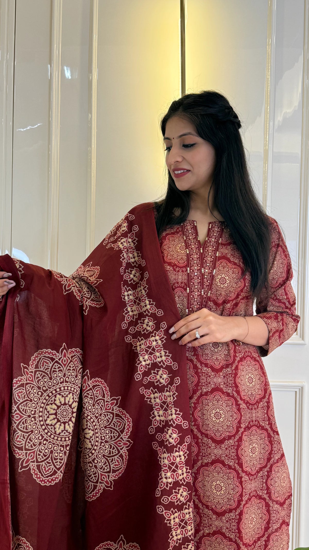 Illussion Print Red Dupatta Set