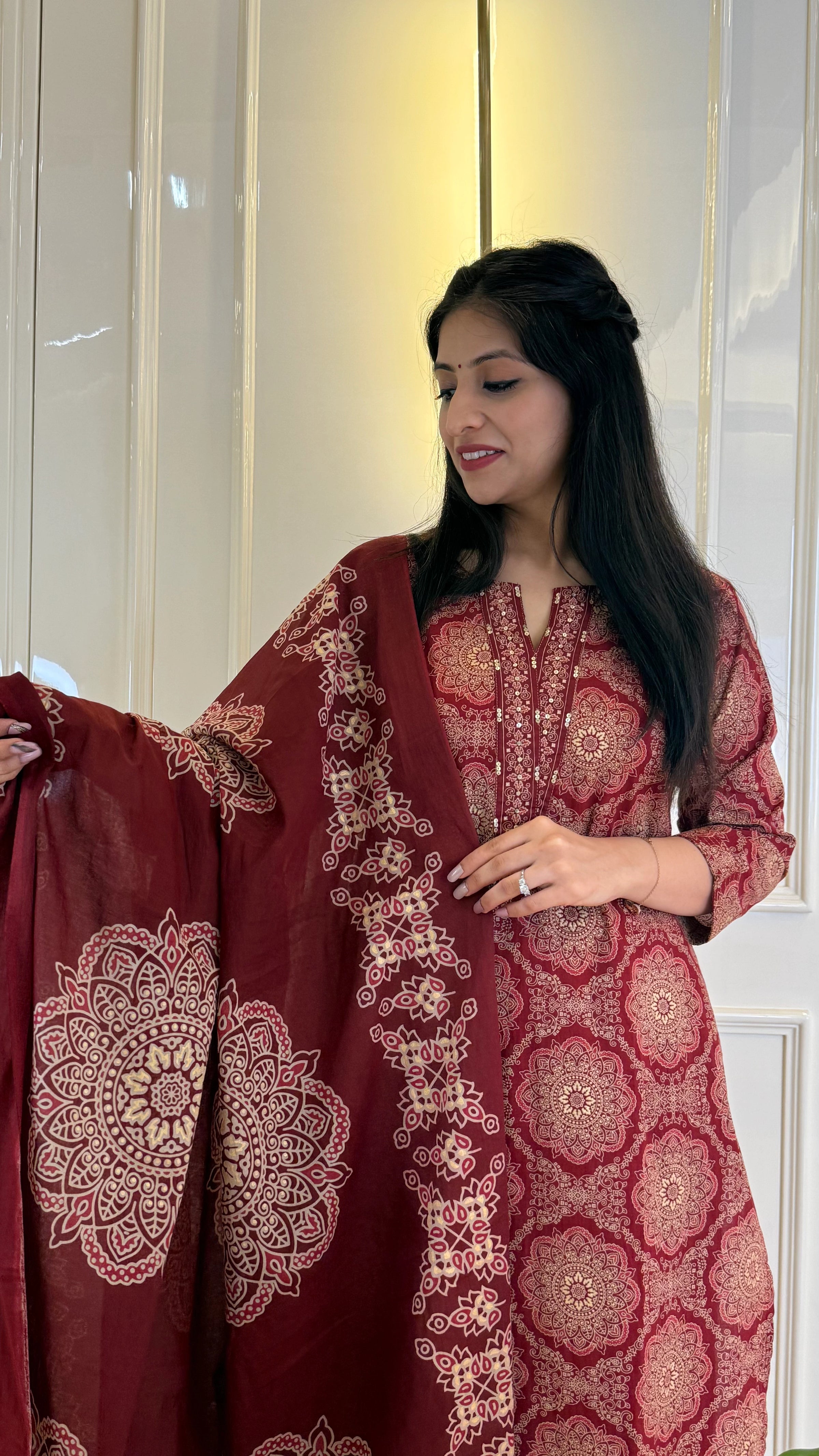 Illussion Print Red Dupatta Set