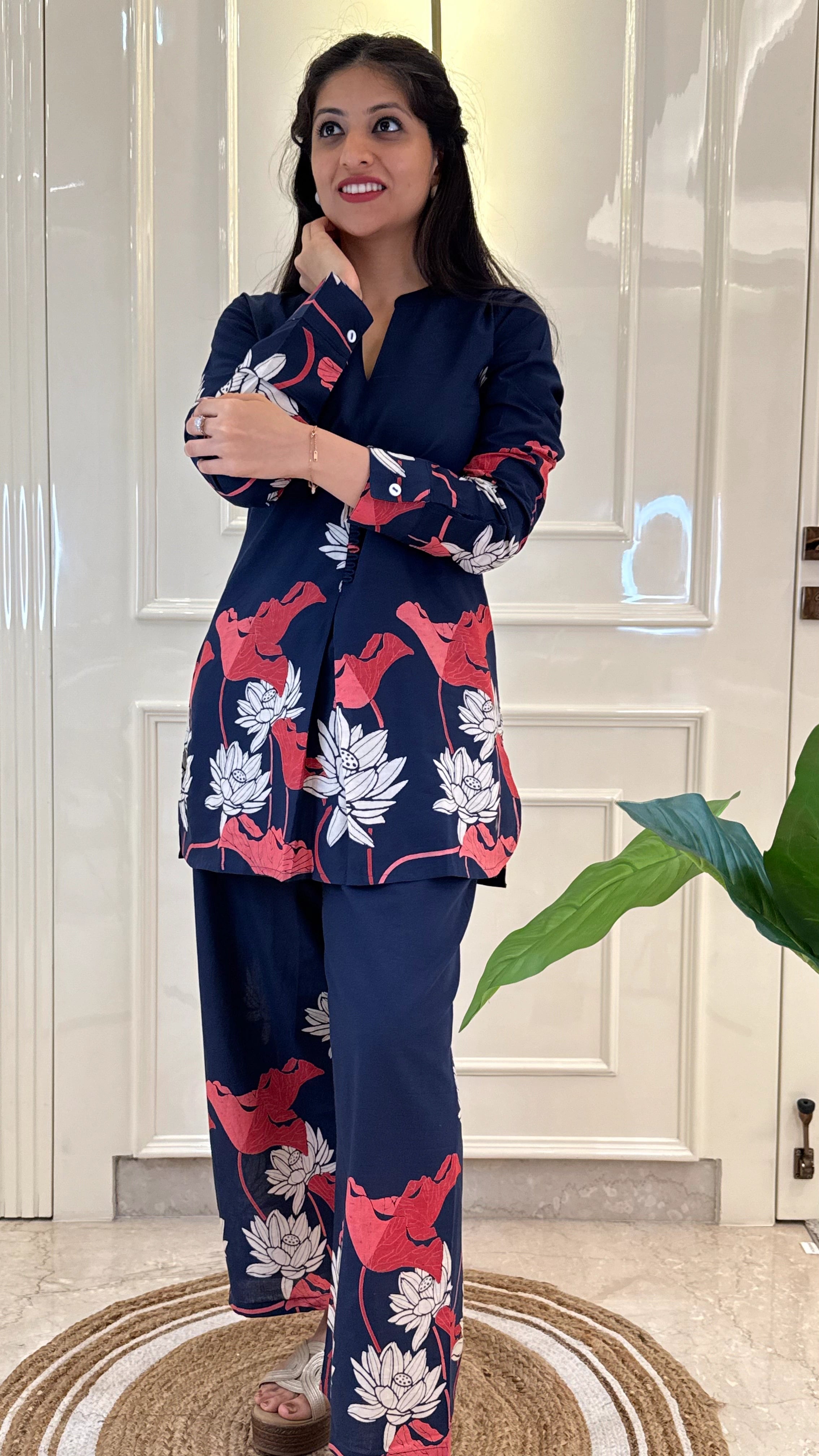 Blue Cords With Leaf Print